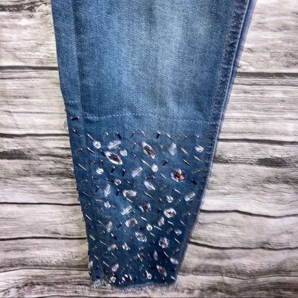 Rhinestone Beaded Ankle Trim Indigo Rein Denim Cropped Jeans Raw Hem women’s 26 - Picture 6 of 7